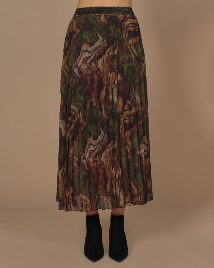 Allegra Abstract Pleated Skirt | Khaki