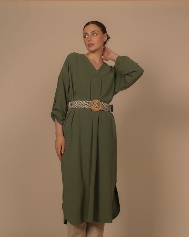 Alisha Long Sleeve Belted Dress | Khaki