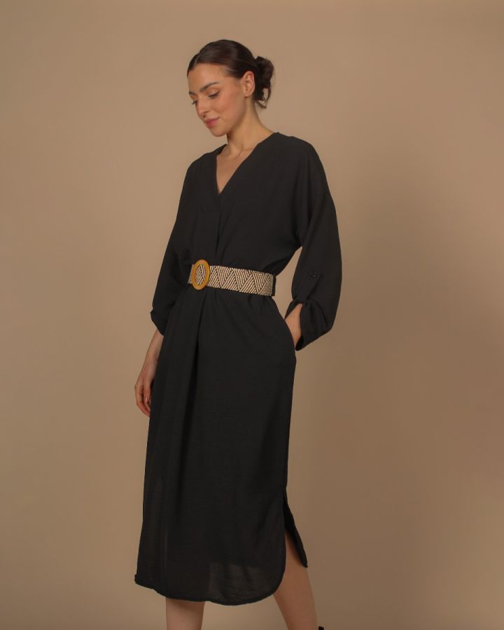 Alisha Long Sleeve Belted Dress | Black