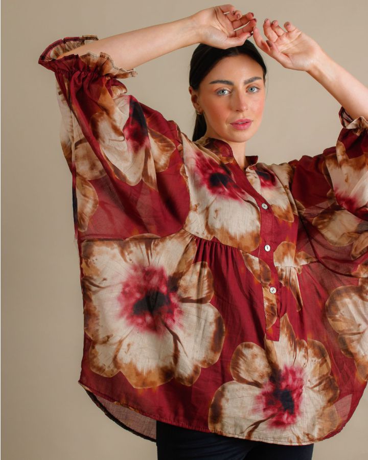 Poppy Floral Smock Blouse |Wine