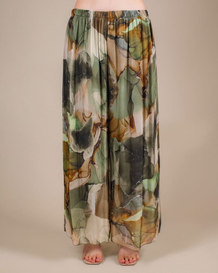 Silk Wide Leg Marble Print Trouser | Khaki