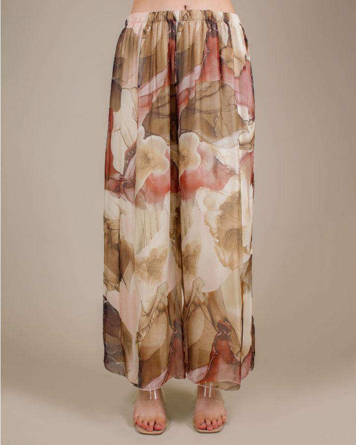 Silk Wide Leg Marble Print Trouser | Cream